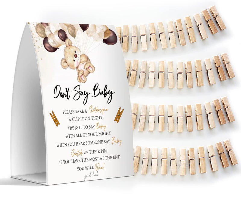 Pazag Don't Say Baby Set - One 5x7 Sign and 50 Mini Clothespins, Baby Shower Games, Baby Shower Decoration, Gender Neutral Baby Shower - MsJb041 - Image 1